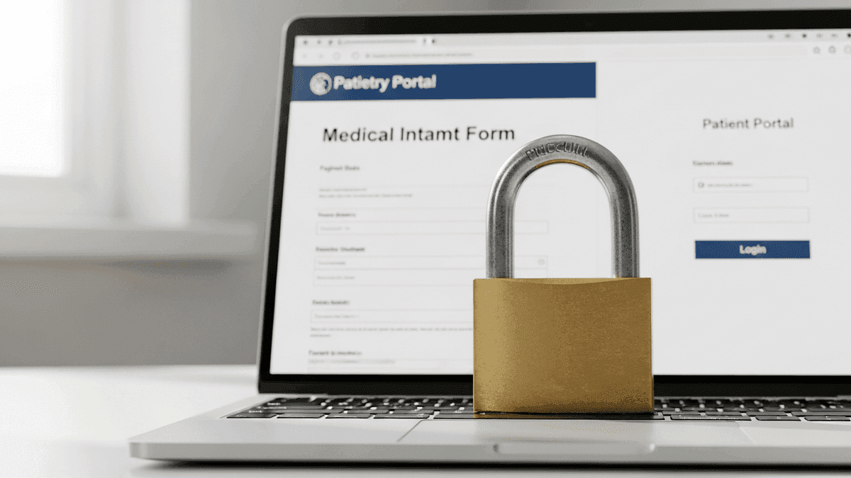 Padlock over medical intake form on laptop with patient portal login on a podiatry clinic desk