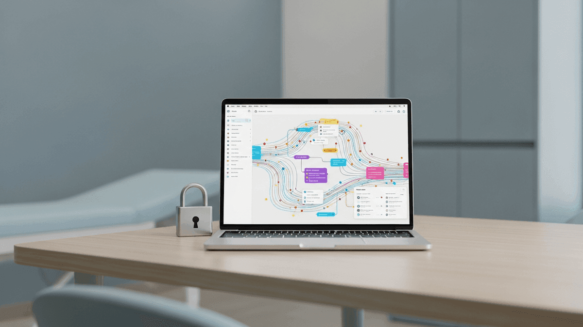 Laptop showing analytics dashboard beside padlock icon on a podiatry clinic desk