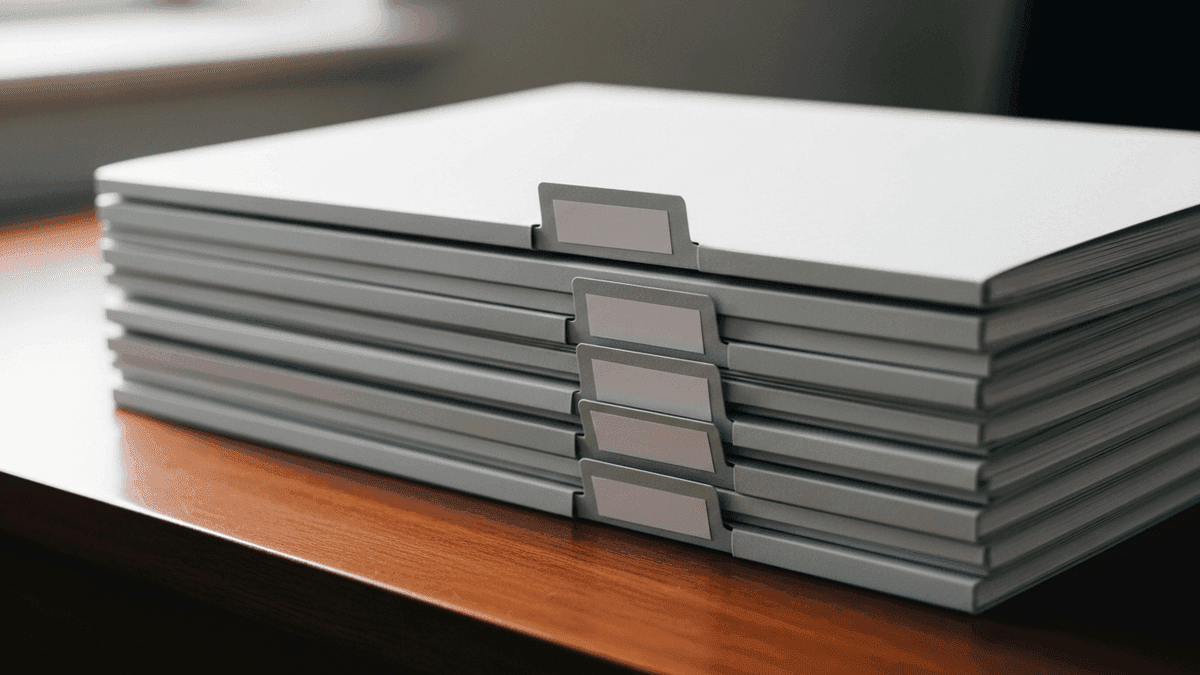 Stack of vendor contracts with BAA tab labels on a podiatry clinic desk