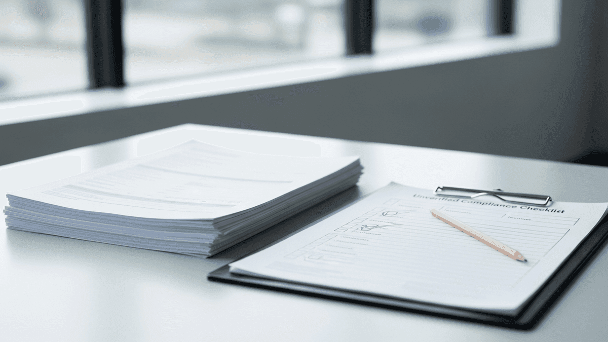 Full surgical schedule beside unverified compliance checklist on a podiatry clinic front desk