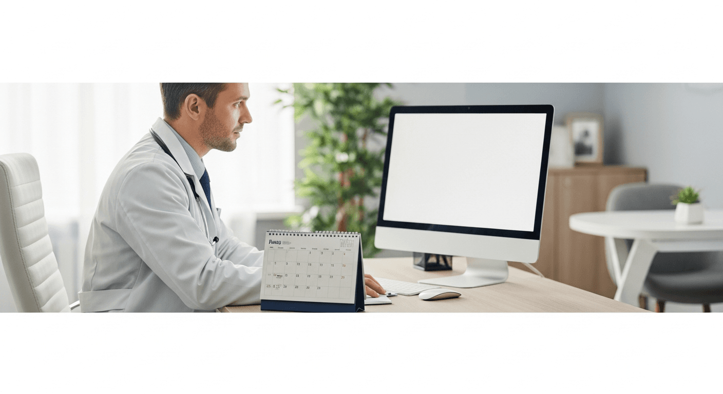 Physician at desk reviewing schedule and local search on monitor in bright clinic office