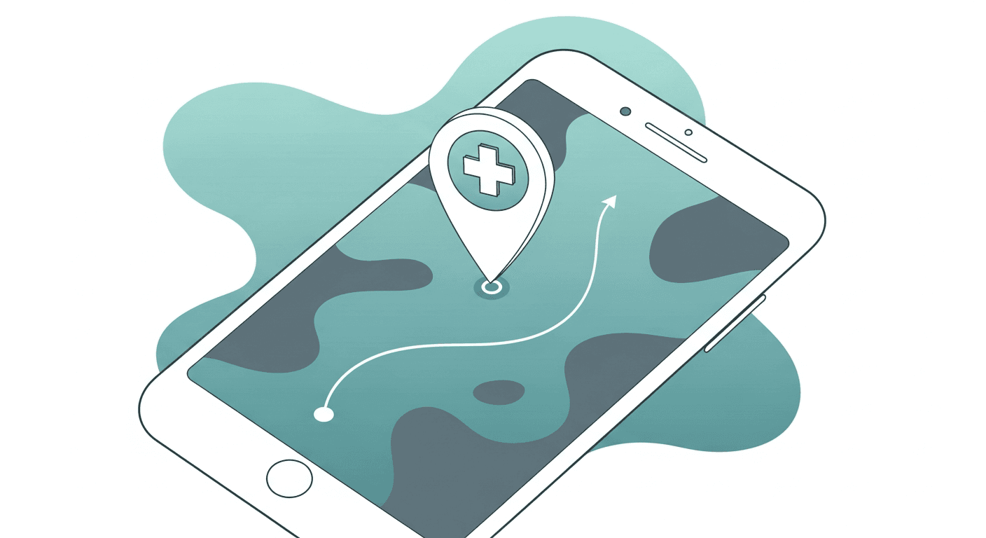 Stylized map pin and search results graphic for local patient intent section