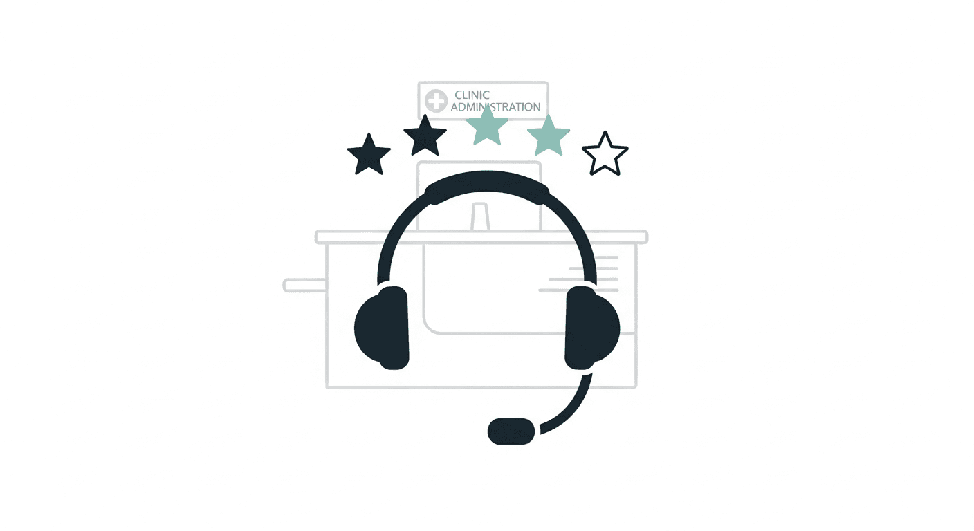 Star ratings and phone headset motif for reviews and front desk section
