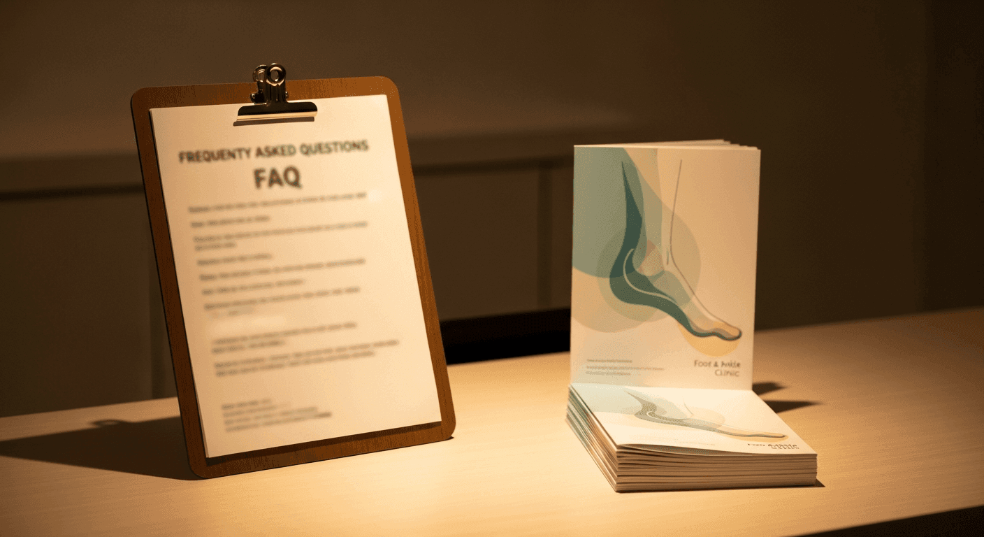 FAQ clipboard beside foot and ankle clinic brochures on podiatry reception desk