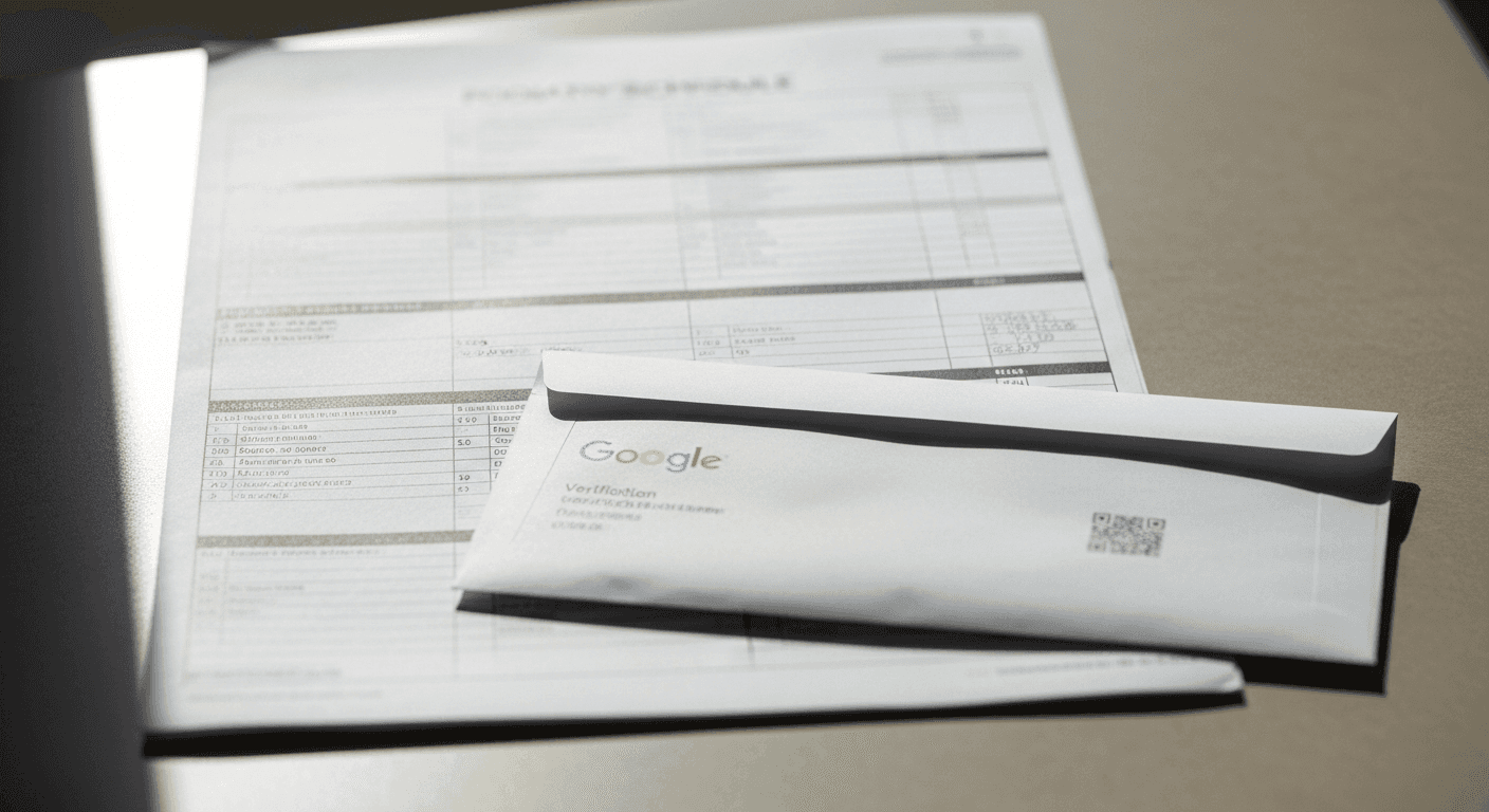 Unopened Google verification envelope beside full podiatry schedule on clinic front desk