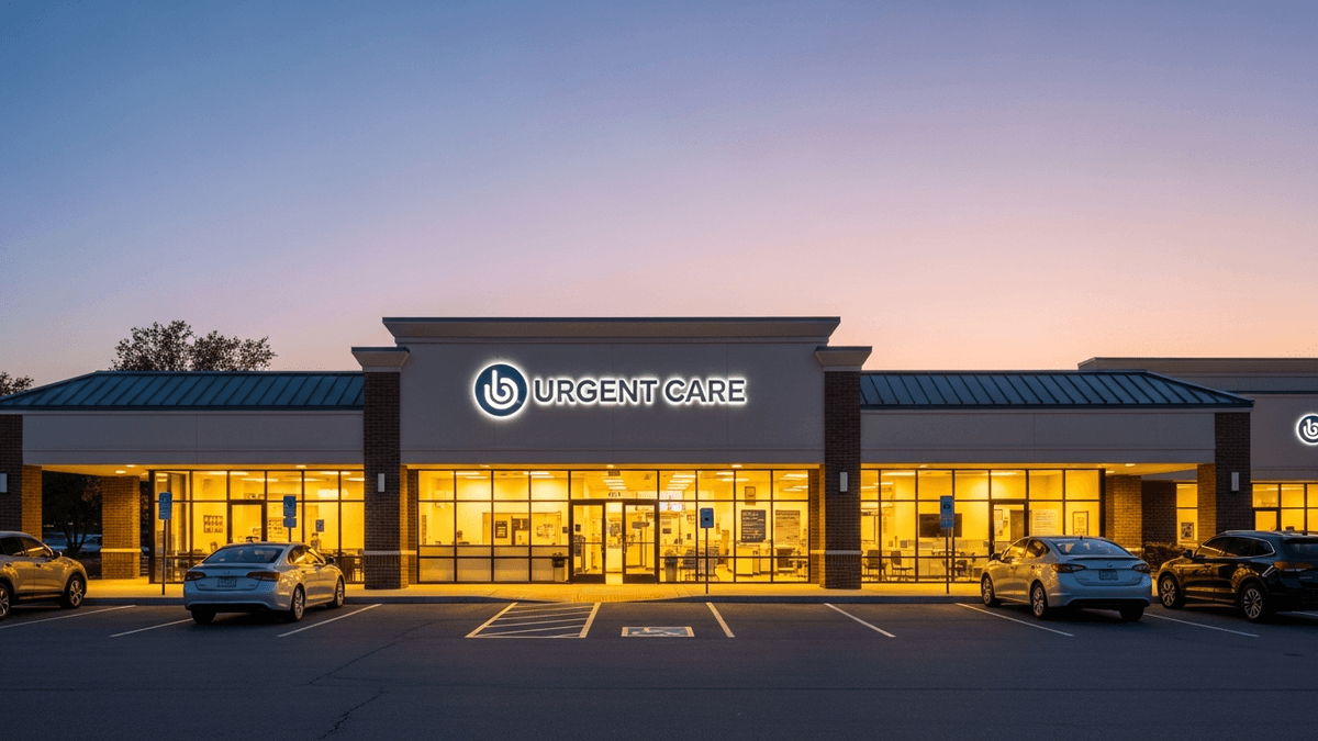 Small US urgent care clinic exterior at dusk with warm interior lighting