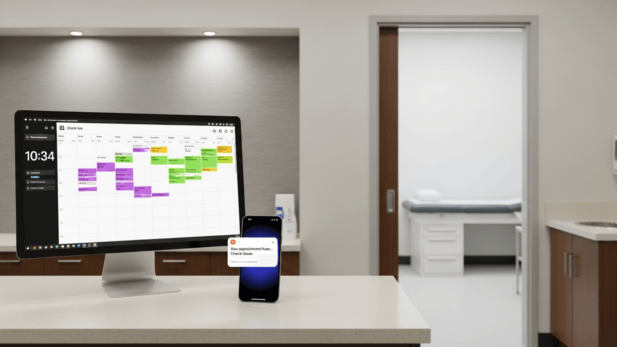 Clinic front desk with appointment calendar and SMS reminder on phone