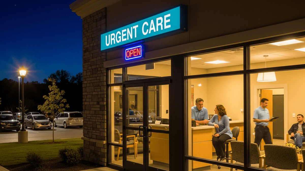 Urgent care clinic open at night with staff at the front desk