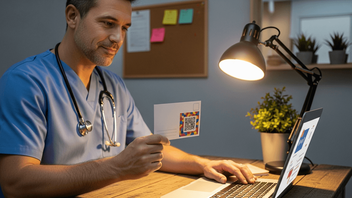 Doctor at clinic desk reviewing Google verification postcard and laptop