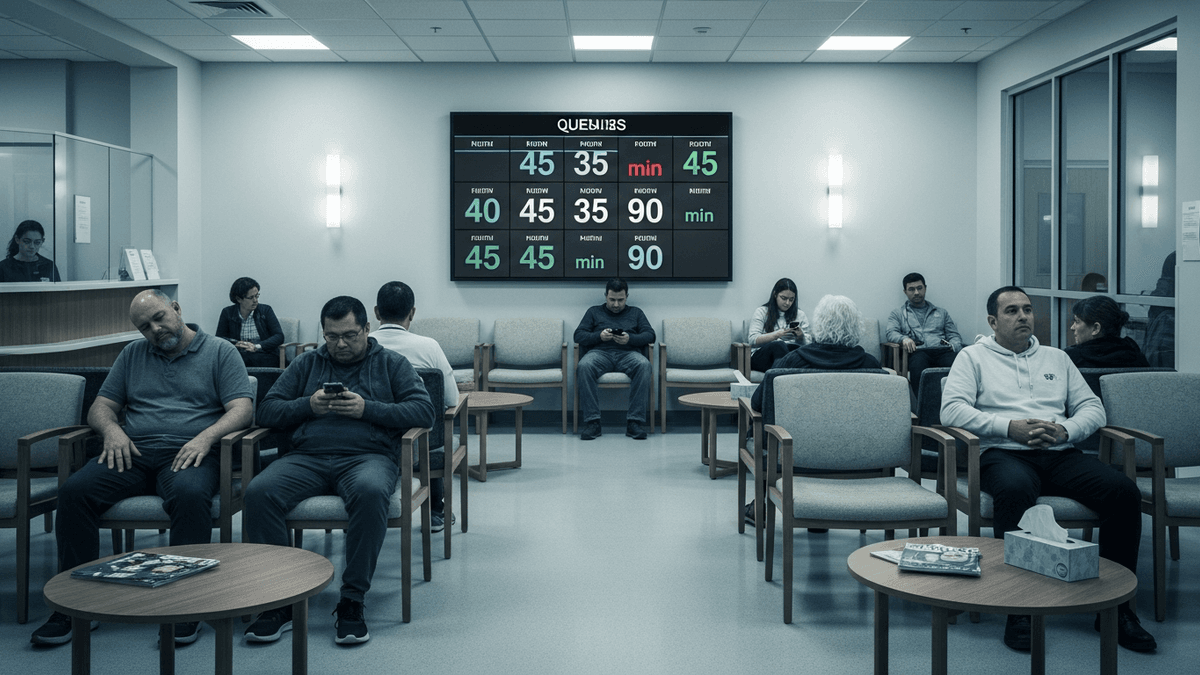 Urgent care waiting room with queue board showing patient wait times