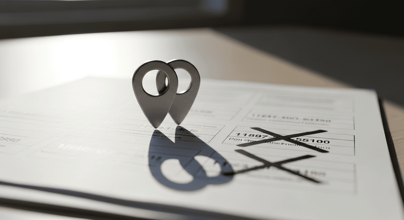Overlapping map pins on directory printouts symbolizing ghost listings for podiatry local SEO