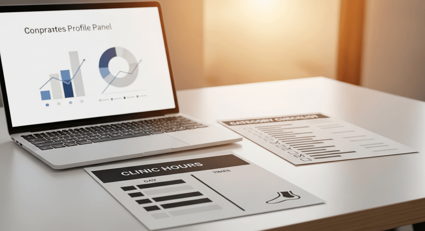 Business profile panel beside foot and ankle clinic hours checklist for local SEO