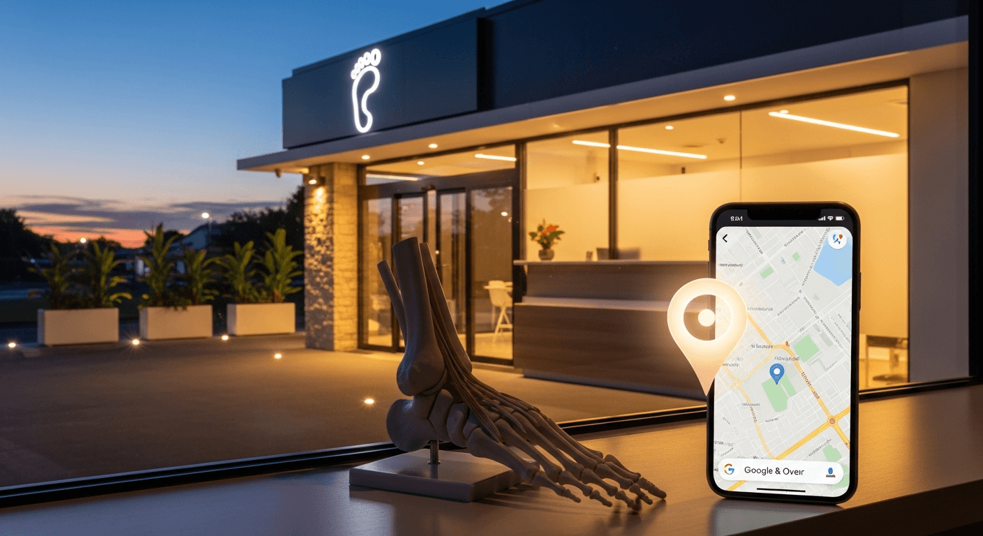 Podiatry clinic exterior at dusk with map pin motif for local SEO visibility