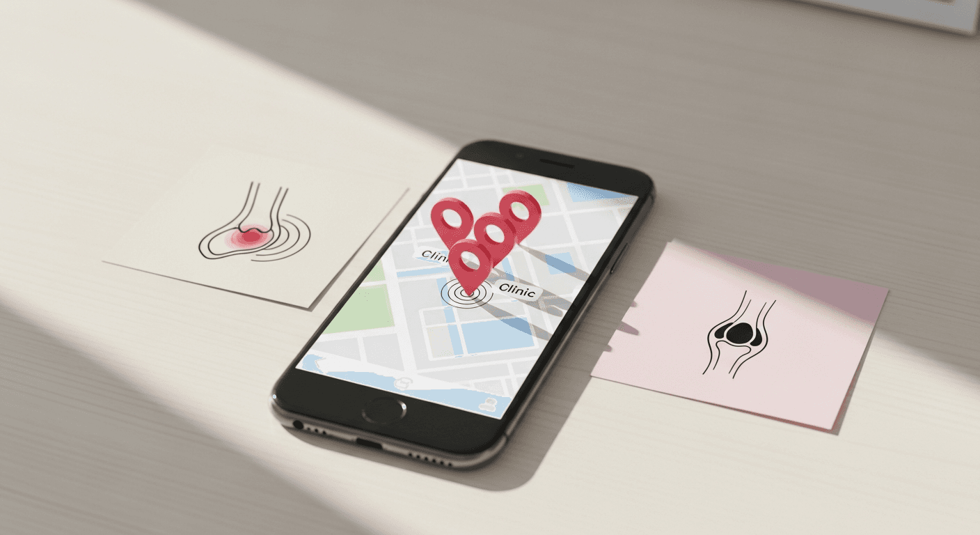 Map pack with clinic pins illustrating local search for heel pain and foot care intent