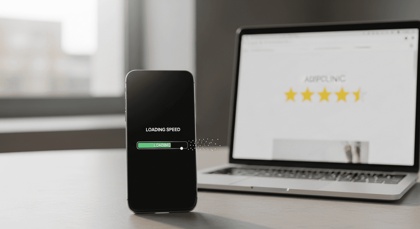 Mobile speed gauge and star rating motif for podiatry clinic website handoff from Maps