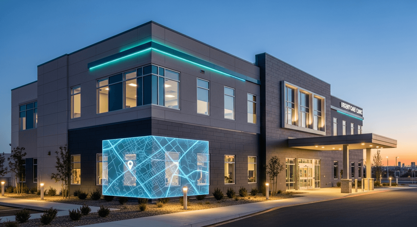 Urgent care building exterior at dusk for local SEO map visibility context