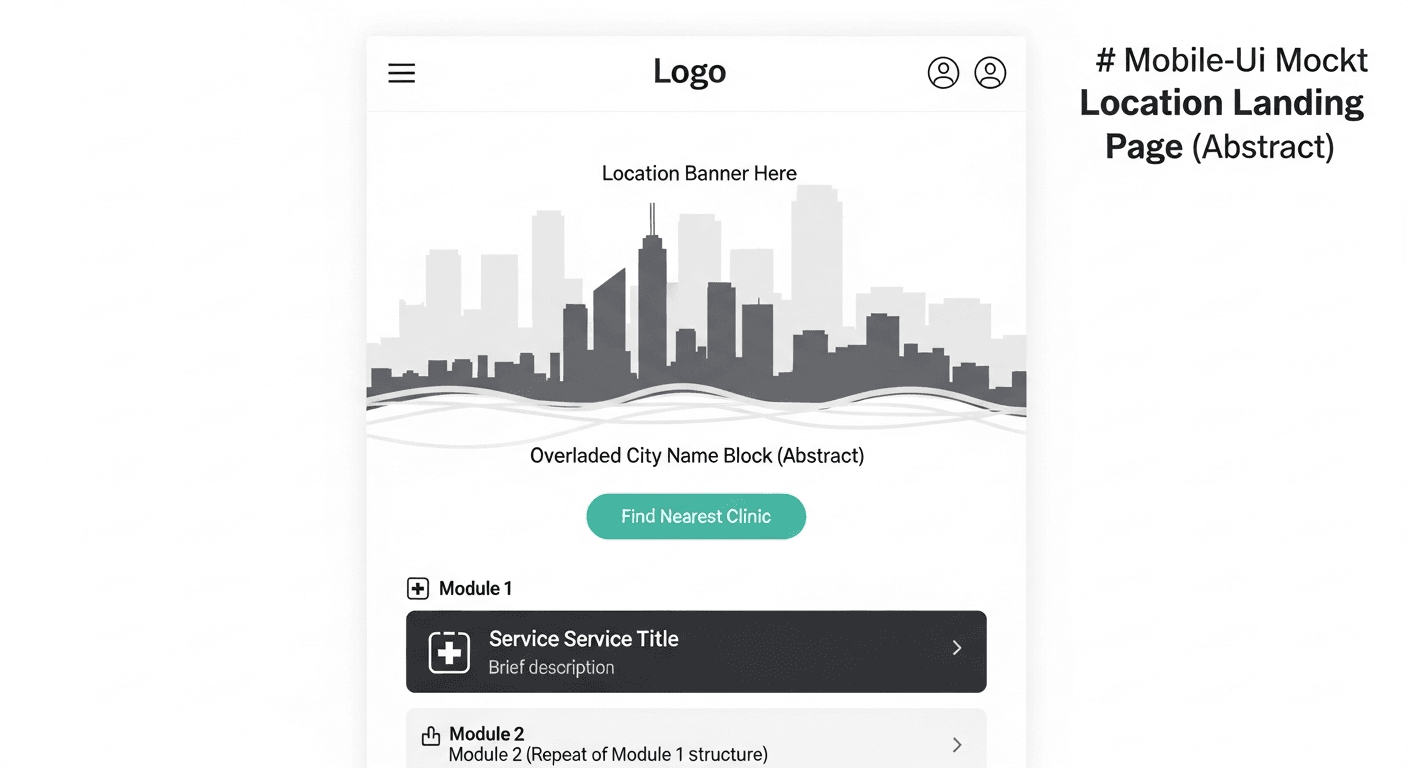 Wireframe style graphic for city-specific urgent care landing pages and local SEO