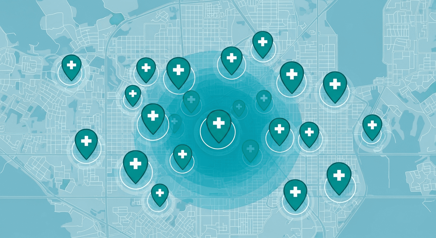 Abstract map with multiple pins for urgent care local SEO multi-site section