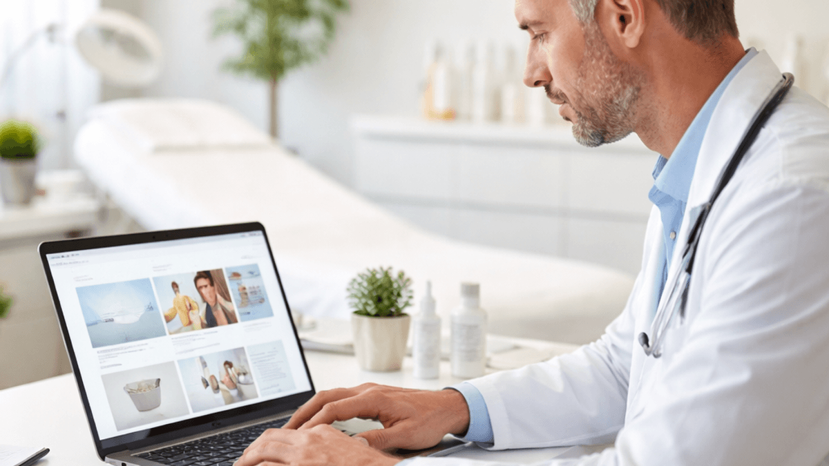 Physician reviewing a med spa website layout on a laptop in a modern treatment clinic office