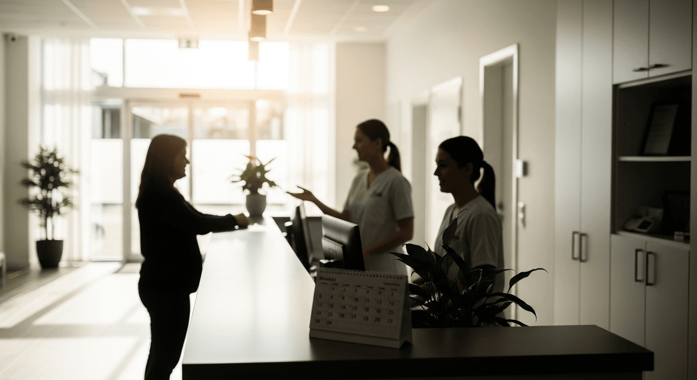 Bright clinic reception area with staff at desk and scheduling calendar suggesting patient check-in and retention