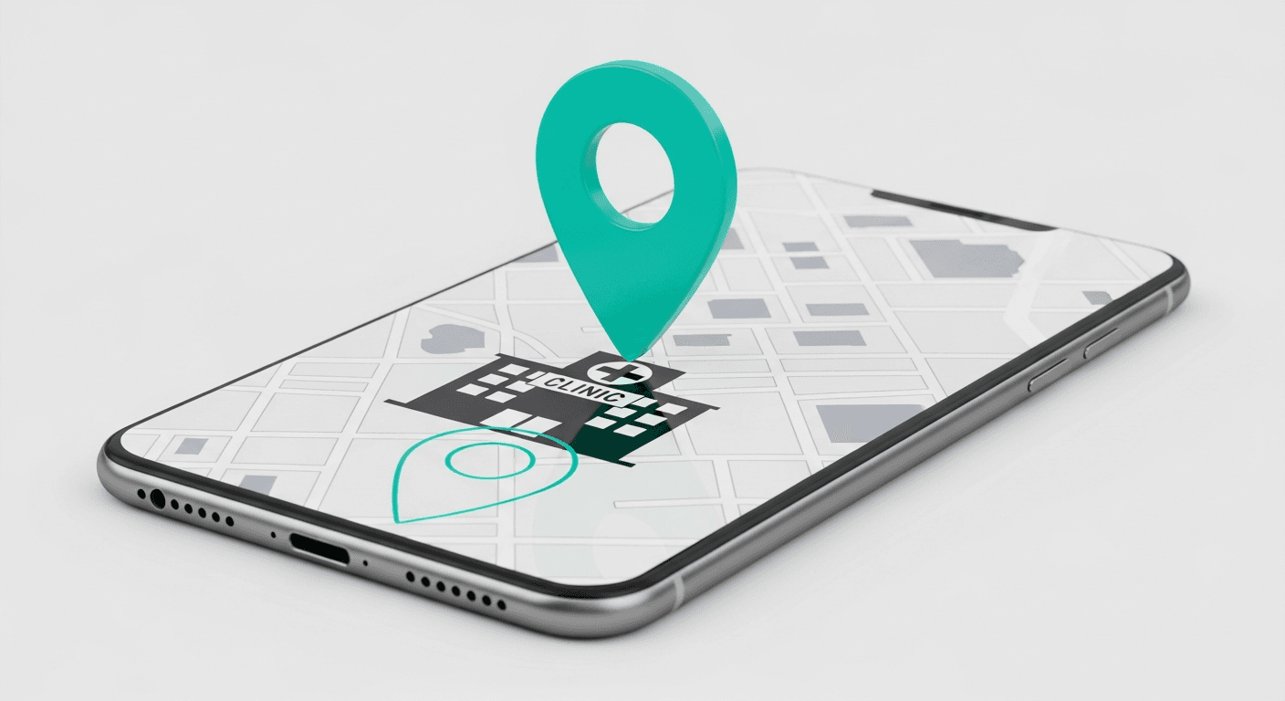 Abstract map pin near a clinic building suggesting local search for repeat patient visits