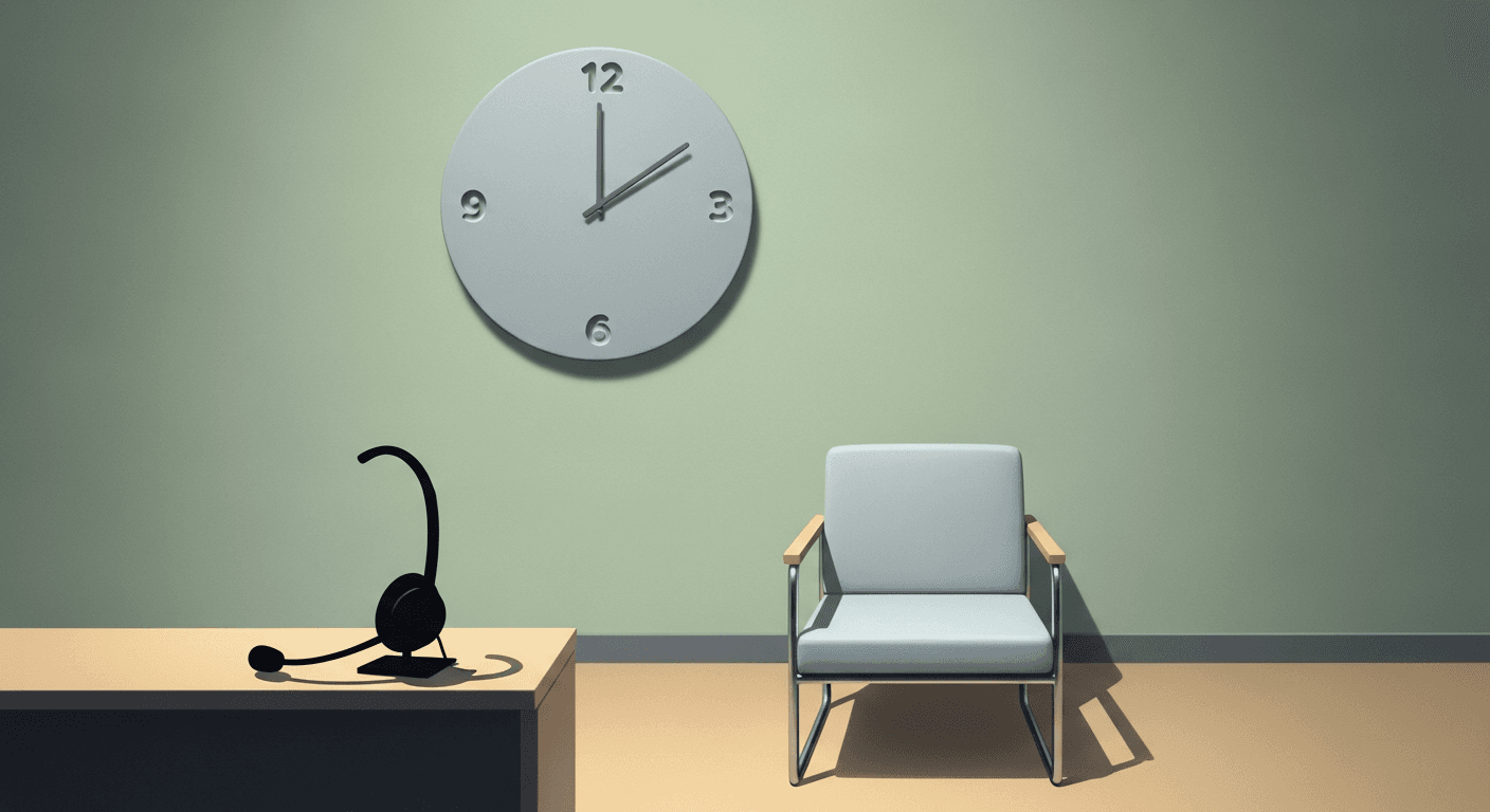 Abstract waiting room and headset suggesting front desk triage and no-show patterns