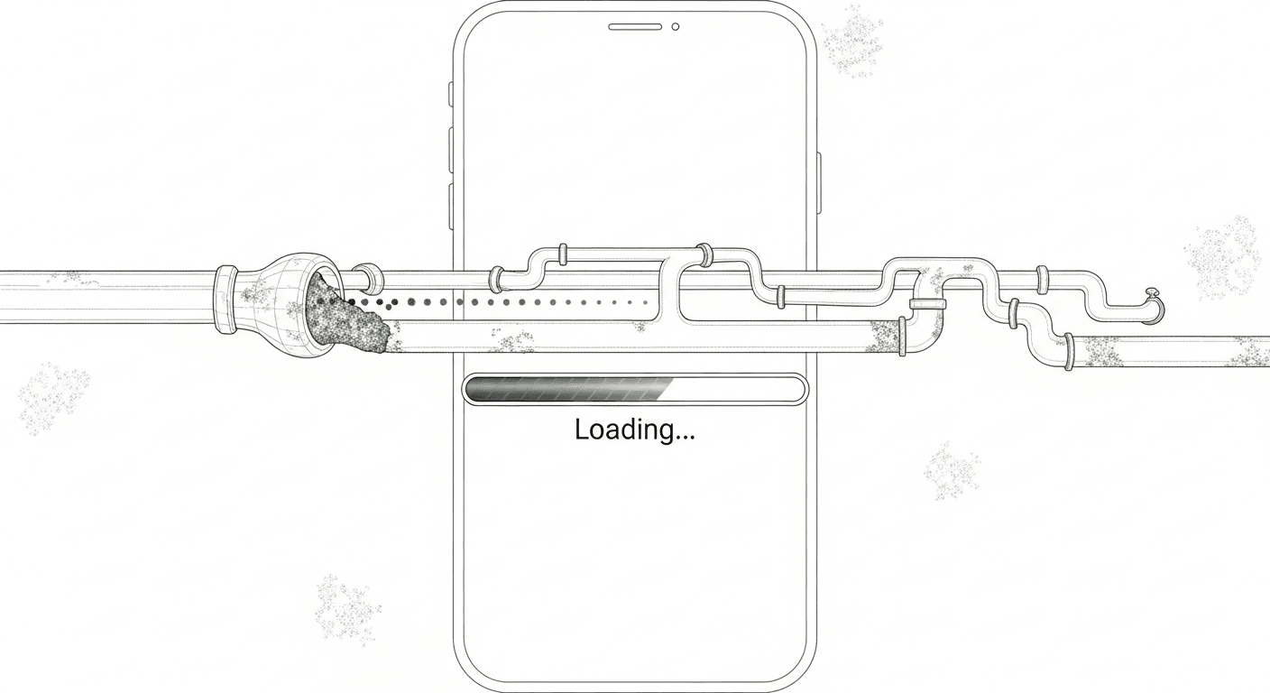 Abstract mobile wireframe with loading motif suggesting slow site speed as digital plaque