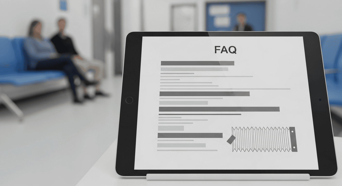 Tablet with abstract FAQ layout in a medical waiting area
