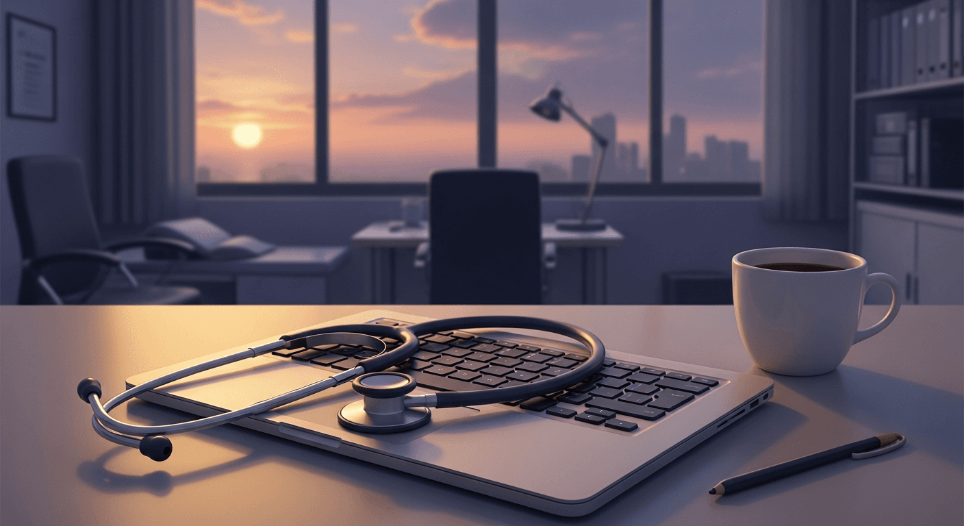 Quiet clinic desk with stethoscope and laptop suggesting pausing spend until basics are fixed
