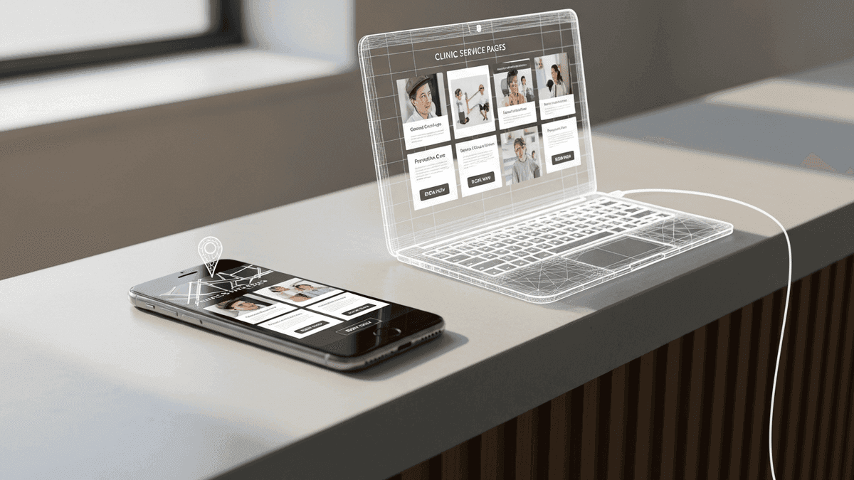 Google Business Profile on phone next to clinic service page wireframe on laptop