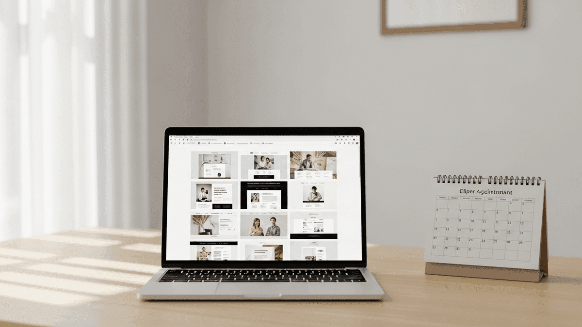 Clinic desk with laptop showing medical website template layouts beside scheduling calendar