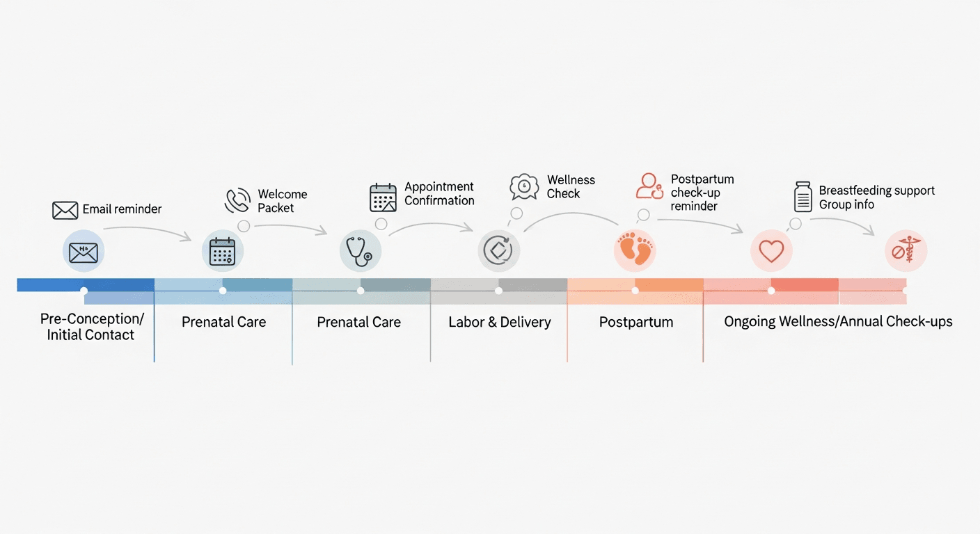 Lifecycle follow-up timeline from annual exams to postpartum and menopause