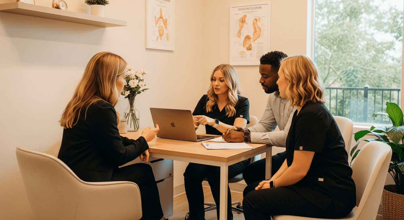 OBGYN clinic team discussing patient growth strategy around a laptop