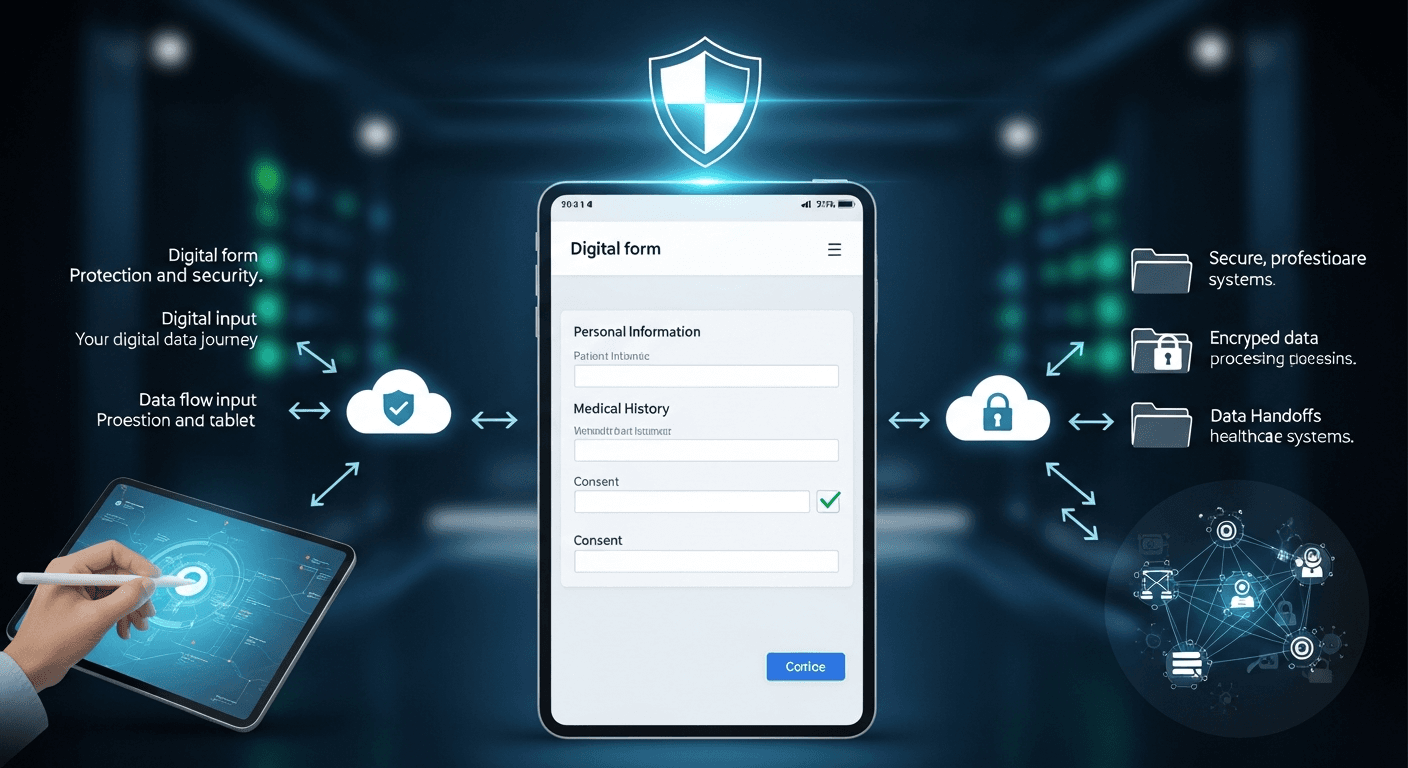 Secure digital intake concept with privacy shield and form flow