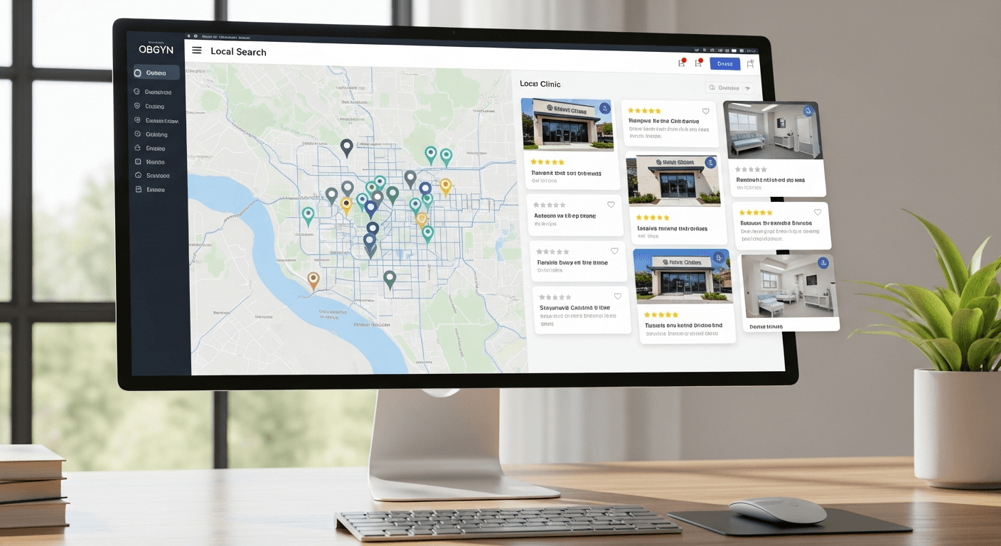 Map and clinic listing visualization for local OBGYN discovery