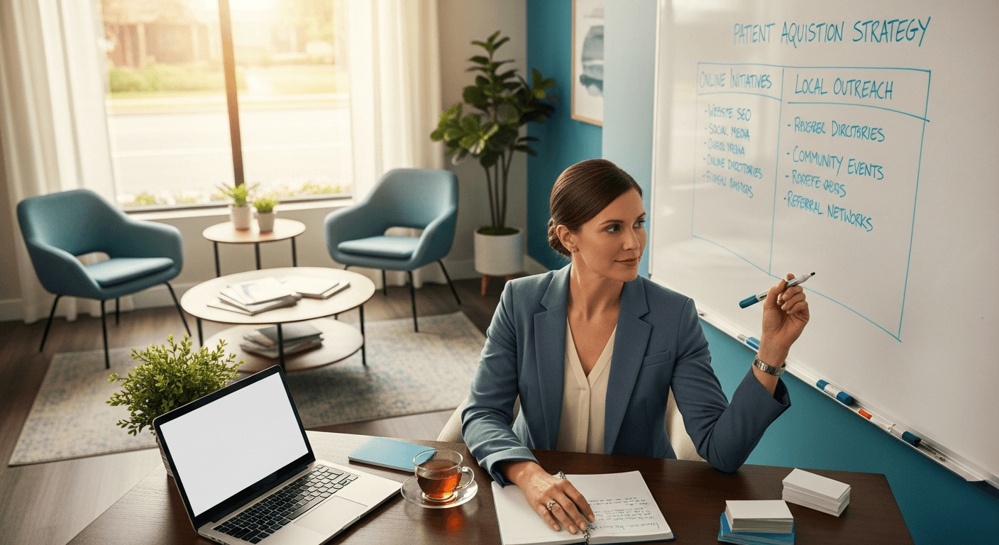 Solo independent physician and clinic manager mapping patient acquisition strategy at small practice front desk