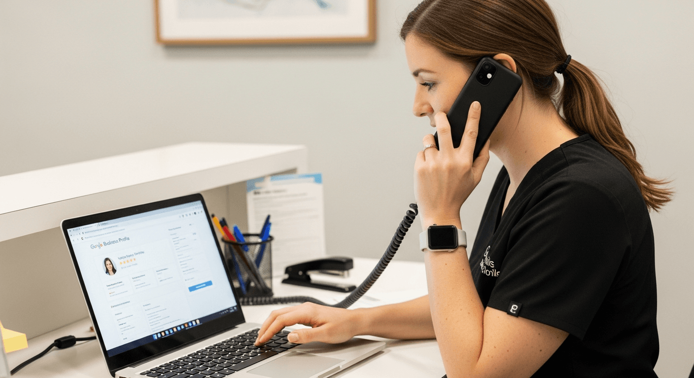 Solo clinic staff verifying Google Business Profile and answering scheduling calls before launching paid ads
