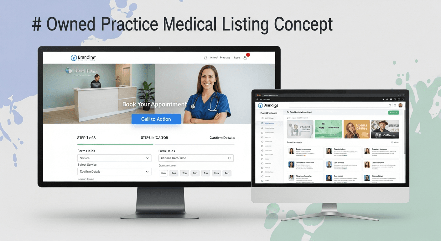 Comparison concept between owned medical practice website booking path and third-party marketplace patient listings