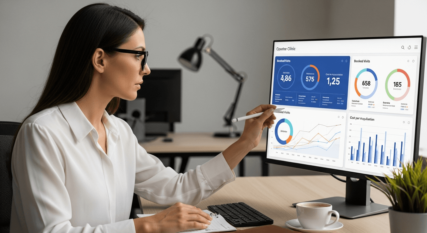 Solo clinic administrator reviewing patient acquisition dashboard focused on booked visits and cost per acquisition