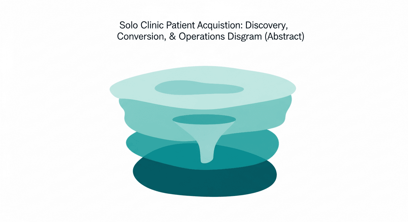 Diagram concept showing discovery conversion and operations layers for solo clinic patient acquisition