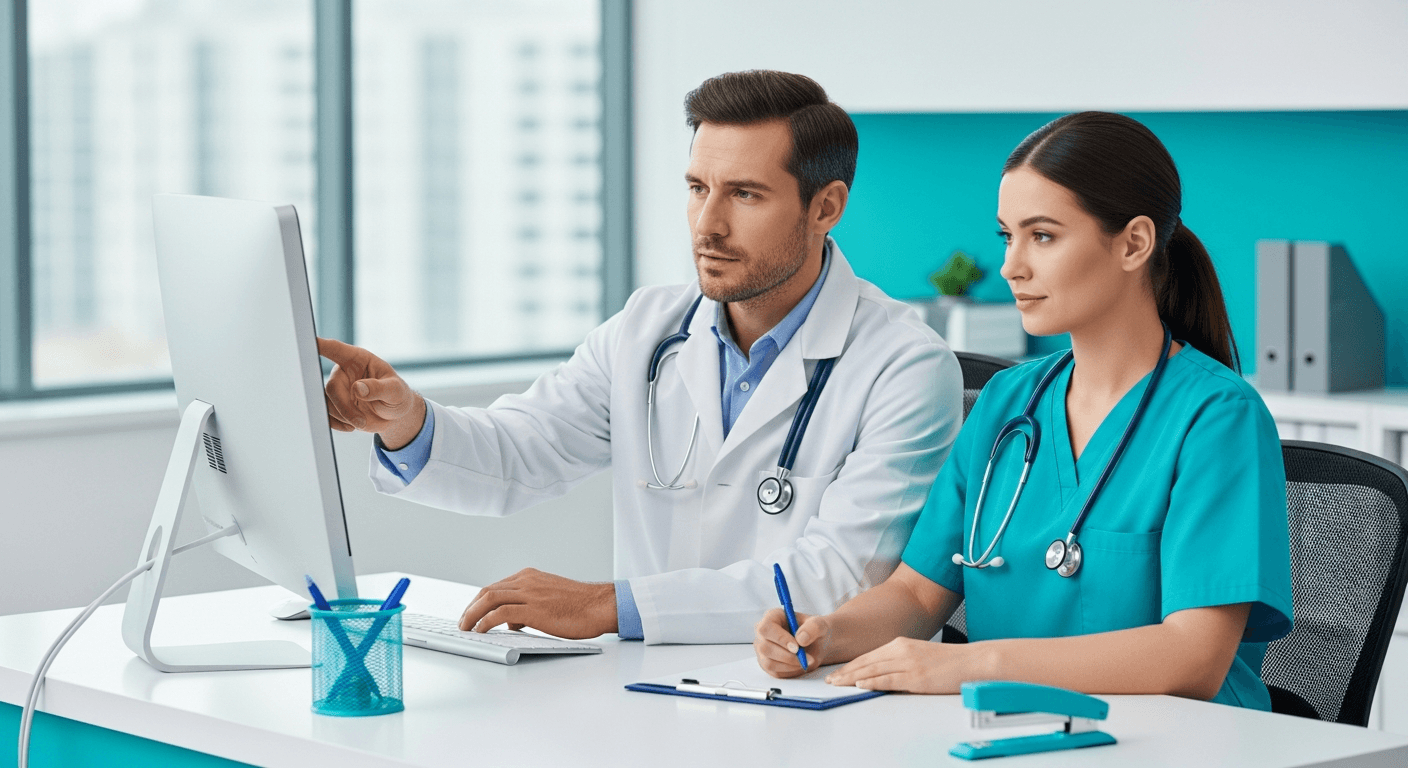 Solo independent medical clinic team defining patient acquisition goals at front desk