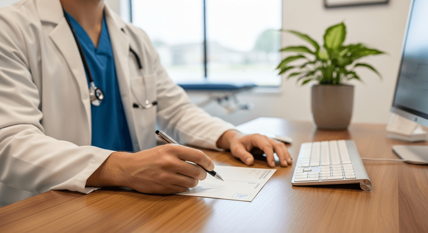Solo physician pausing marketing spend to complete free Google Business Profile verification at clinic desk