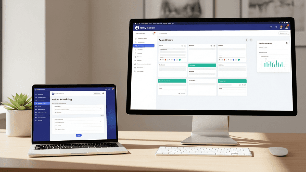 Online scheduling form on laptop connected to EHR dashboard at a family medicine front desk