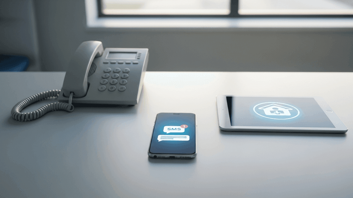 Smartphone with SMS reminder beside desk phone and patient portal tablet on a family medicine reception desk
