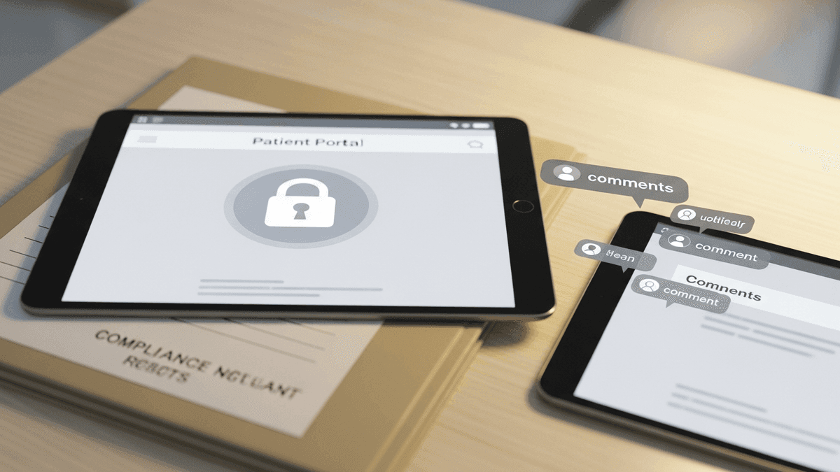 Padlock on patient portal tablet beside muted social comment icons on a clinic desk