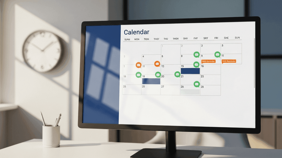 Appointment calendar and SMS reminder icons on a monitor at a primary care front desk