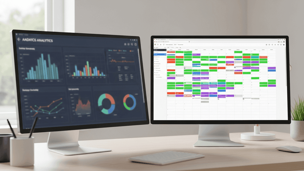 Campaign metrics on one monitor and filled appointment calendar on another at a clinic desk