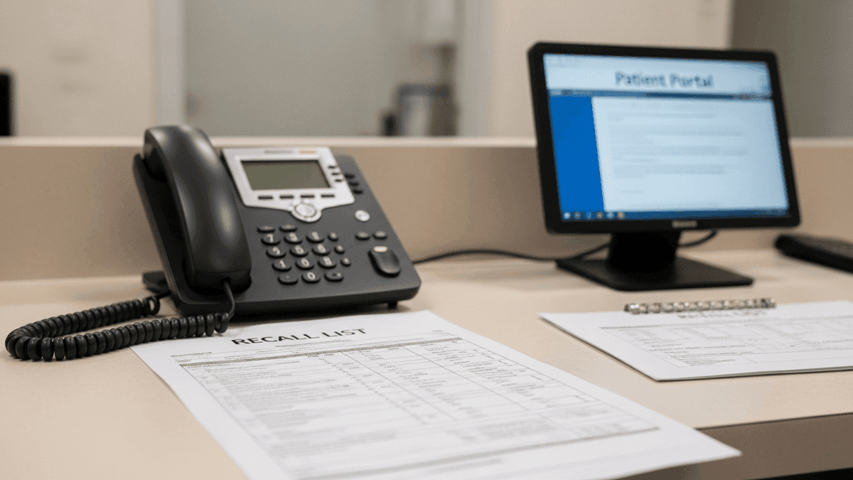 Overflowing recall list beside unanswered phone on an empty clinic front desk
