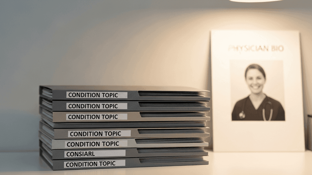 Stack of condition topic folders beside physician bio headshot print at a clinic desk