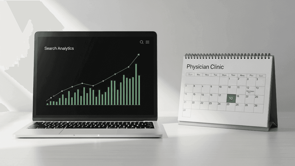 Laptop showing search analytics beside a physician clinic desk calendar